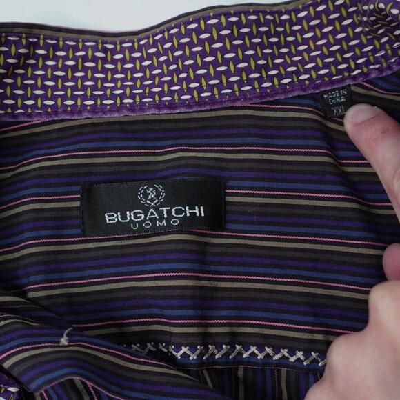 Bugatchi Uomo Purple Vertical Stripes Button Up Top Mens XXL Cotton Long Sleeve - Picture 4 of 7